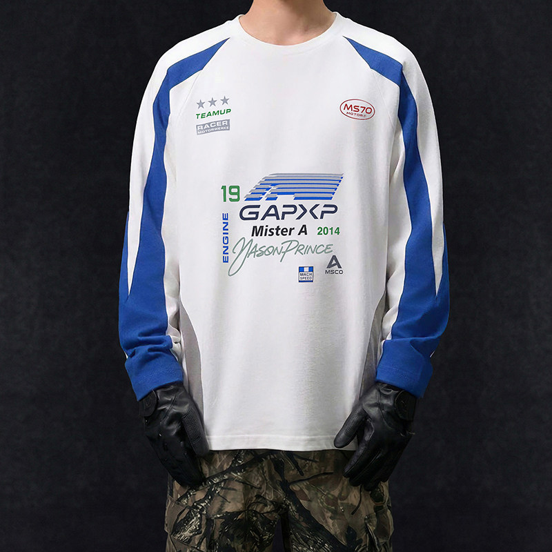 MRA F1狂飆飛車競速藍賽車長袖T恤撞色插肩袖上衣純棉打底衫春