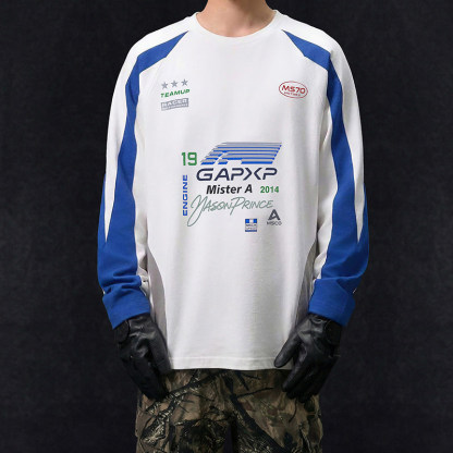 MRA F1狂飆飛車競速藍賽車長袖T恤撞色插肩袖上衣純棉打底衫春