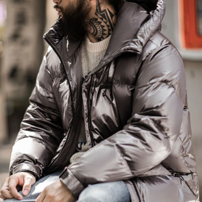 美式亮面連帽羽絨服90白鴨絨加厚保暖立領麵包服外套男冬-Retro's Wear