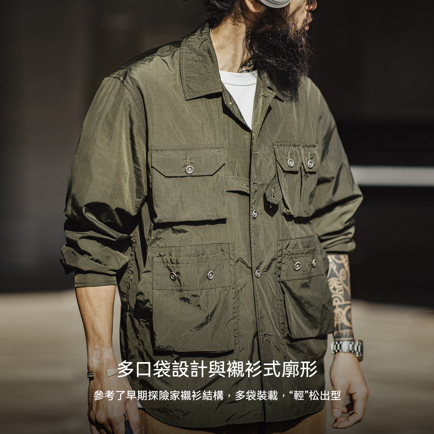 美式復古獵裝襯衫薄款梭織多口袋軍綠色長袖襯衫外套男春