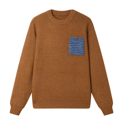 重磅仿牛絨圓領毛衣男編織肌理撞色口袋慵懶風毛線衣冬