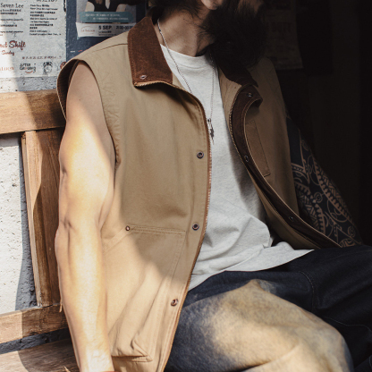 美式復古safari馬甲獵裝純棉卡其色燈芯絨背心外套男款春