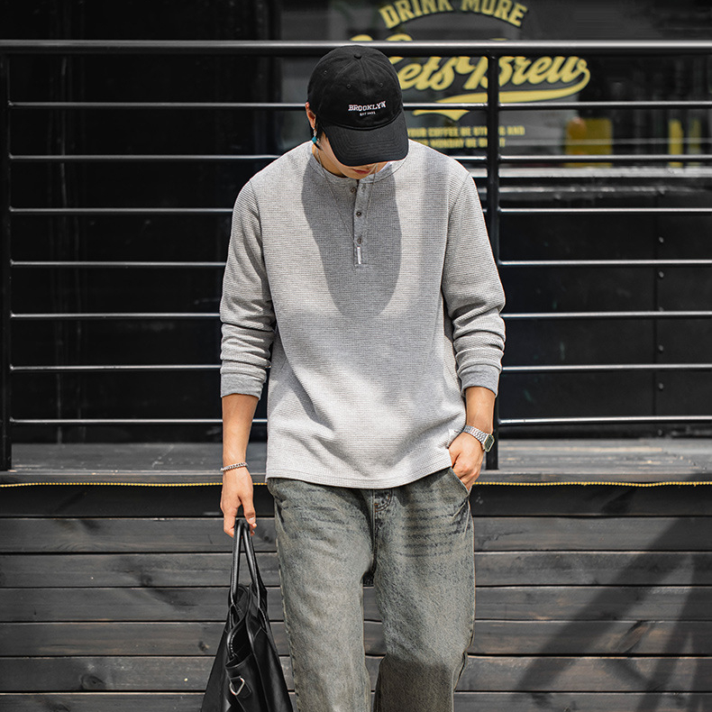 MRA亨利領正肩打底衫300g重磅白色長袖T恤上衣內搭老錢風男秋