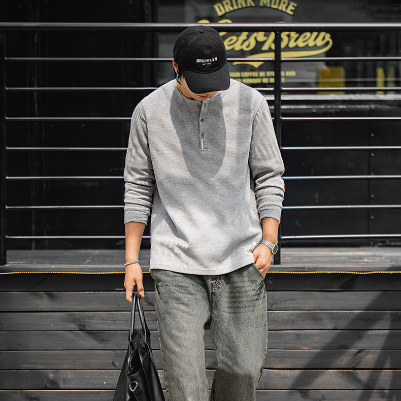 MRA亨利領正肩打底衫300g重磅白色長袖T恤上衣內搭老錢風男秋