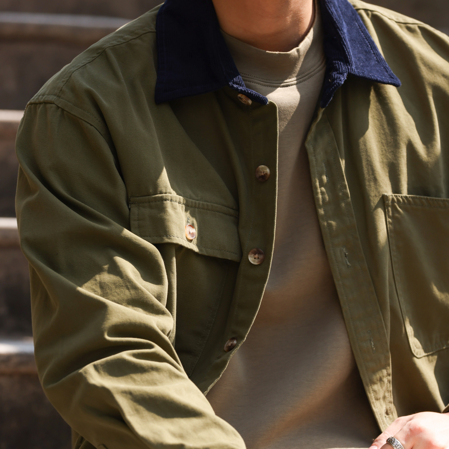 巴恩風復古工裝襯衫男撞色燈芯絨領口痞帥長袖襯衣外套