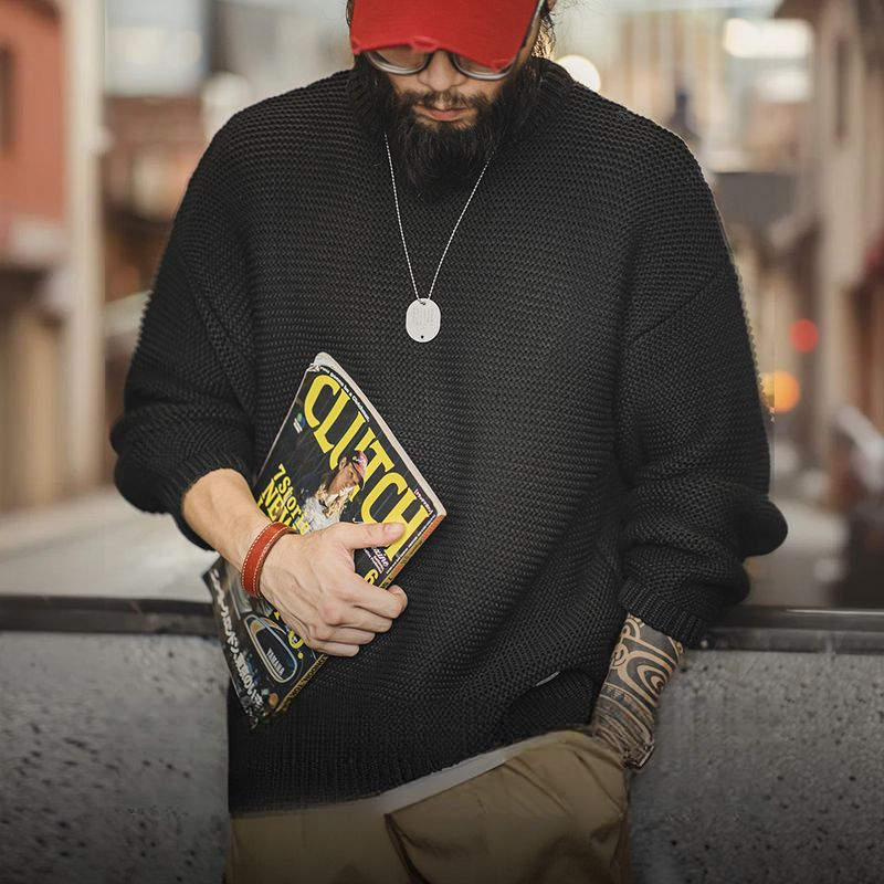 美式復古重磅肌理針織毛衣寬鬆落肩圓領套頭打底衫男秋冬-Retro's Wear