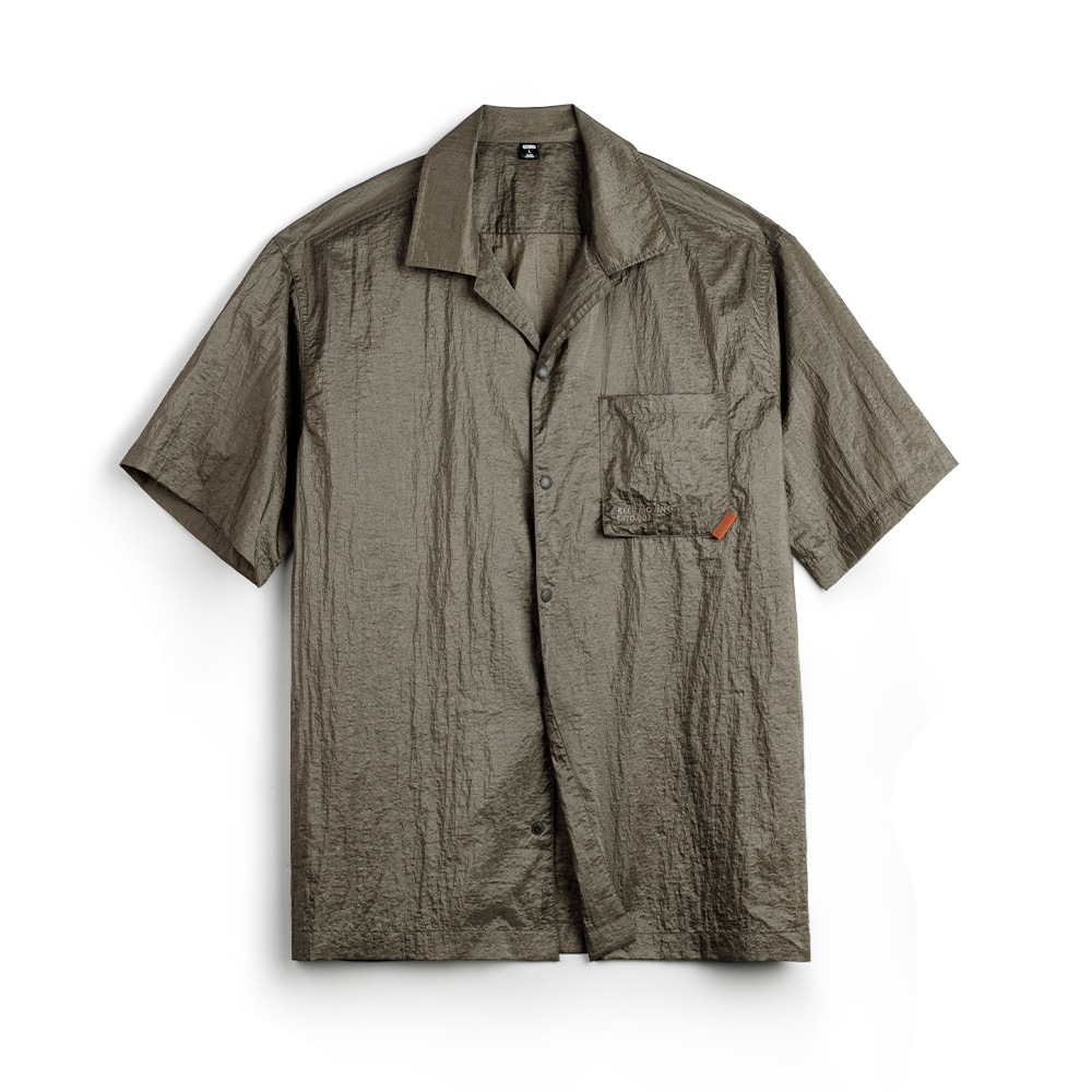 美式復古山系戶外古巴領襯衫肌理感輕薄短袖襯衣男款夏