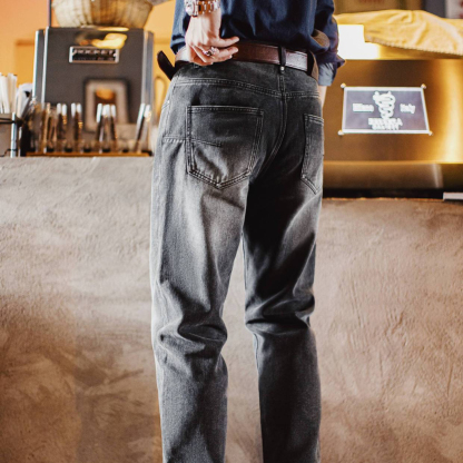 美式休閒水洗做舊牛仔褲灰色直筒微錐蘿蔔褲長褲子男夏秋