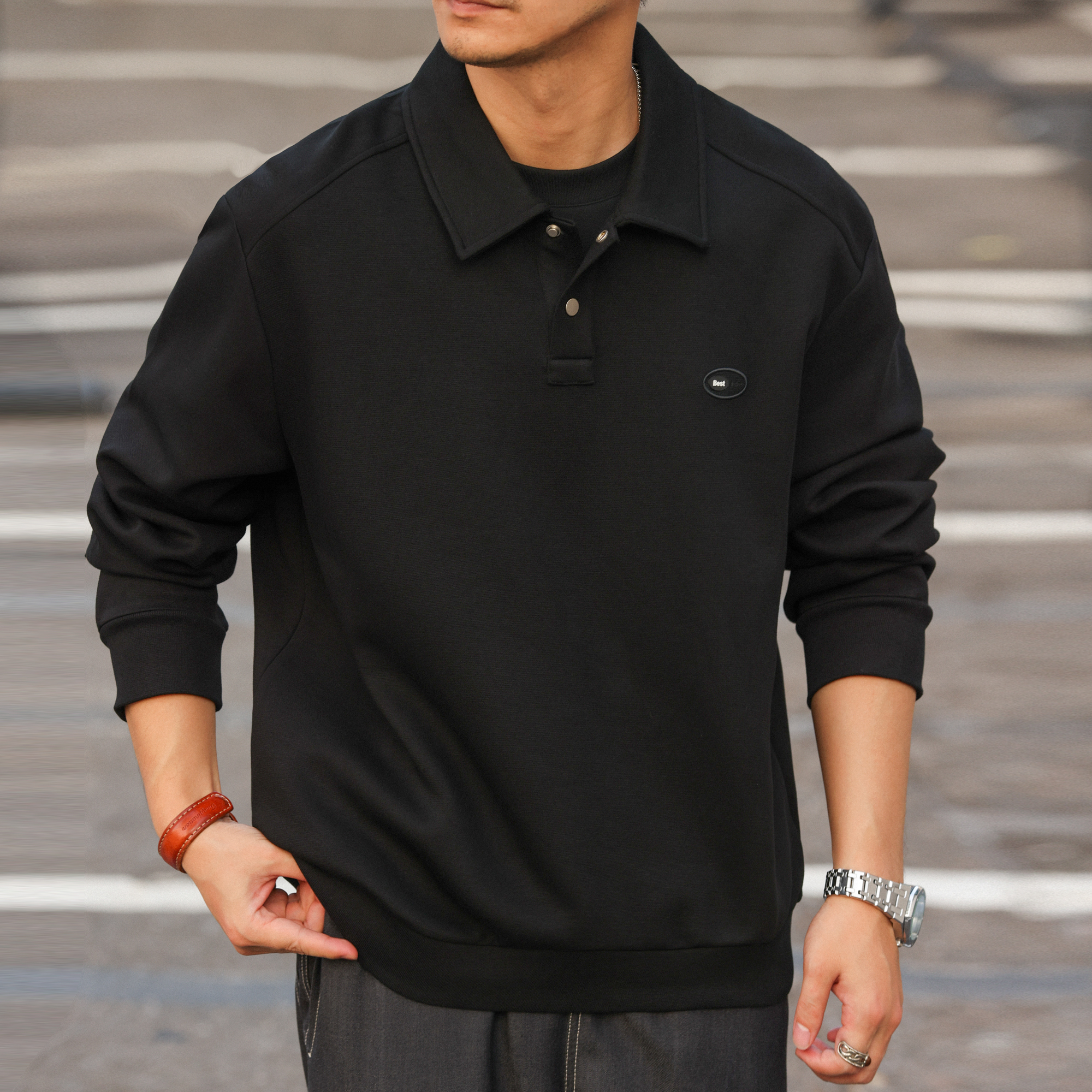 美式復古棉氨刺繡POLO領衛衣男340g空氣層翻領疊穿上衣