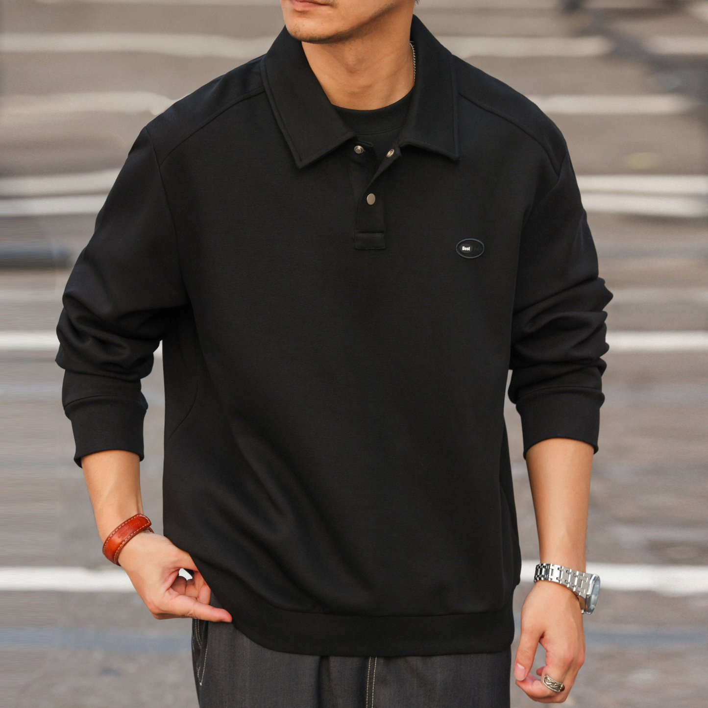 美式復古棉氨刺繡POLO領衛衣男340g空氣層翻領疊穿上衣