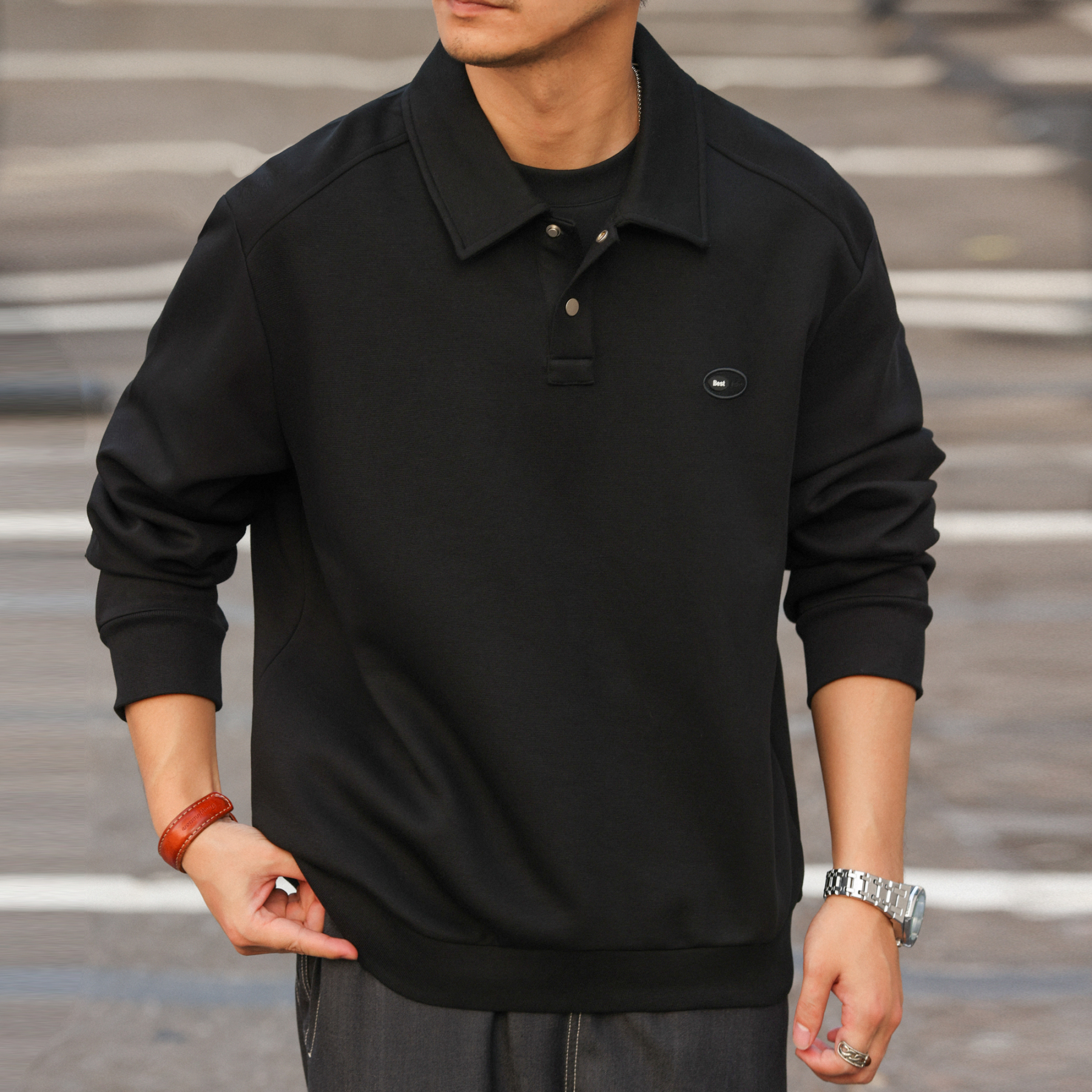 美式復古棉氨刺繡POLO領衛衣男340g空氣層翻領疊穿上衣