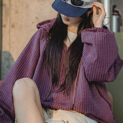 美式泡泡紗連帶帽半開襟工裝衛衣套頭衫寬鬆機能風上衣女士春