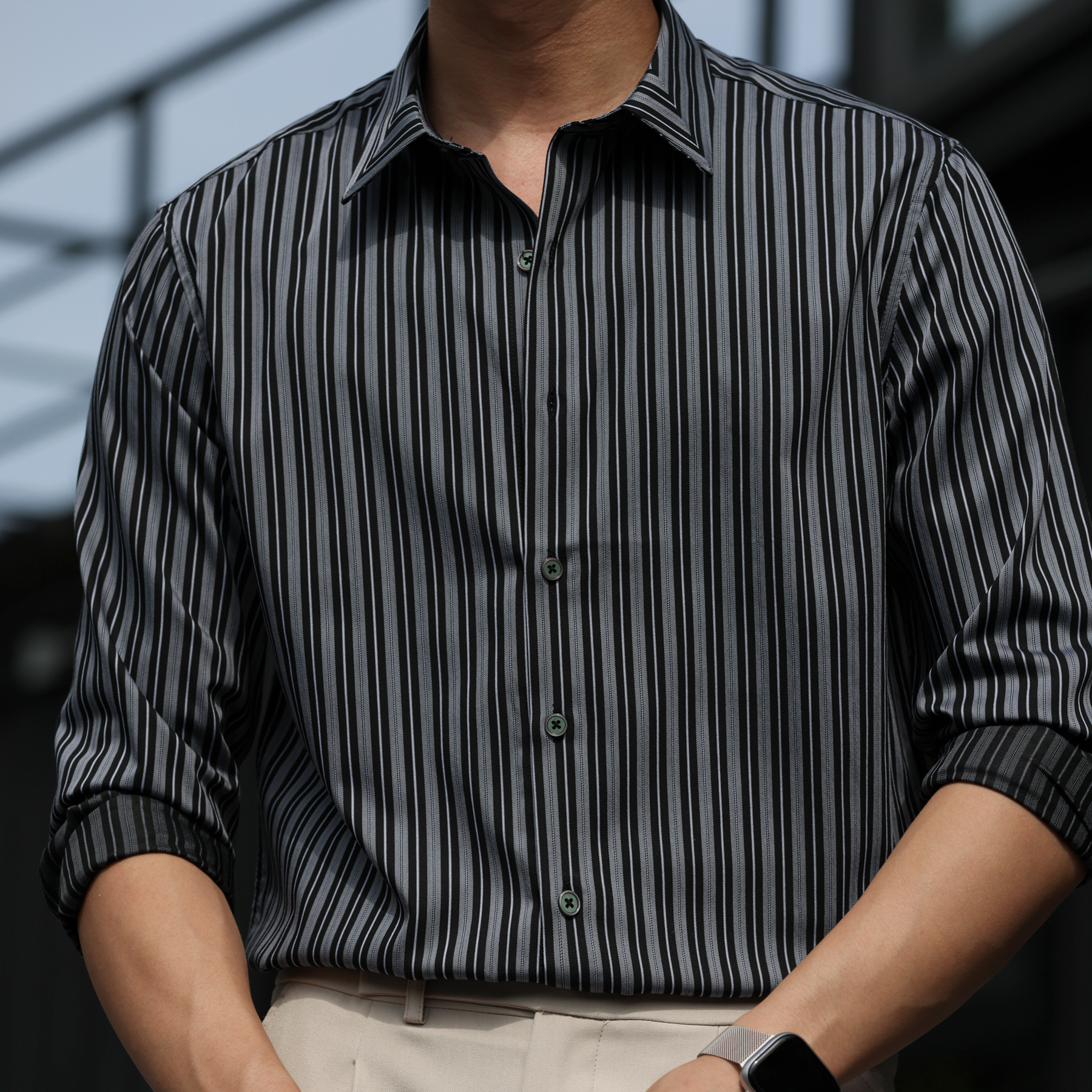 130g莫代爾豎條紋長袖襯衫男休閒親膚免燙輕奢感襯衣秋