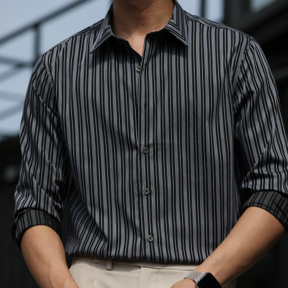 130g莫代爾豎條紋長袖襯衫男休閒親膚免燙輕奢感襯衣秋