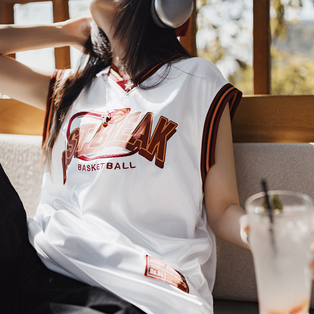 夏日高街運動寬鬆籃球服復古撞色T恤無袖慵懶球衣坎肩背心女