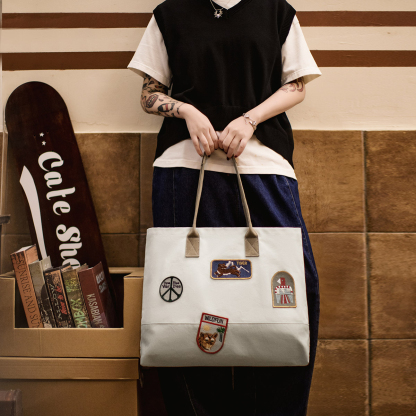 美式復古刺繡徽章帆布托特包大容量電腦包上課通勤手提報童包