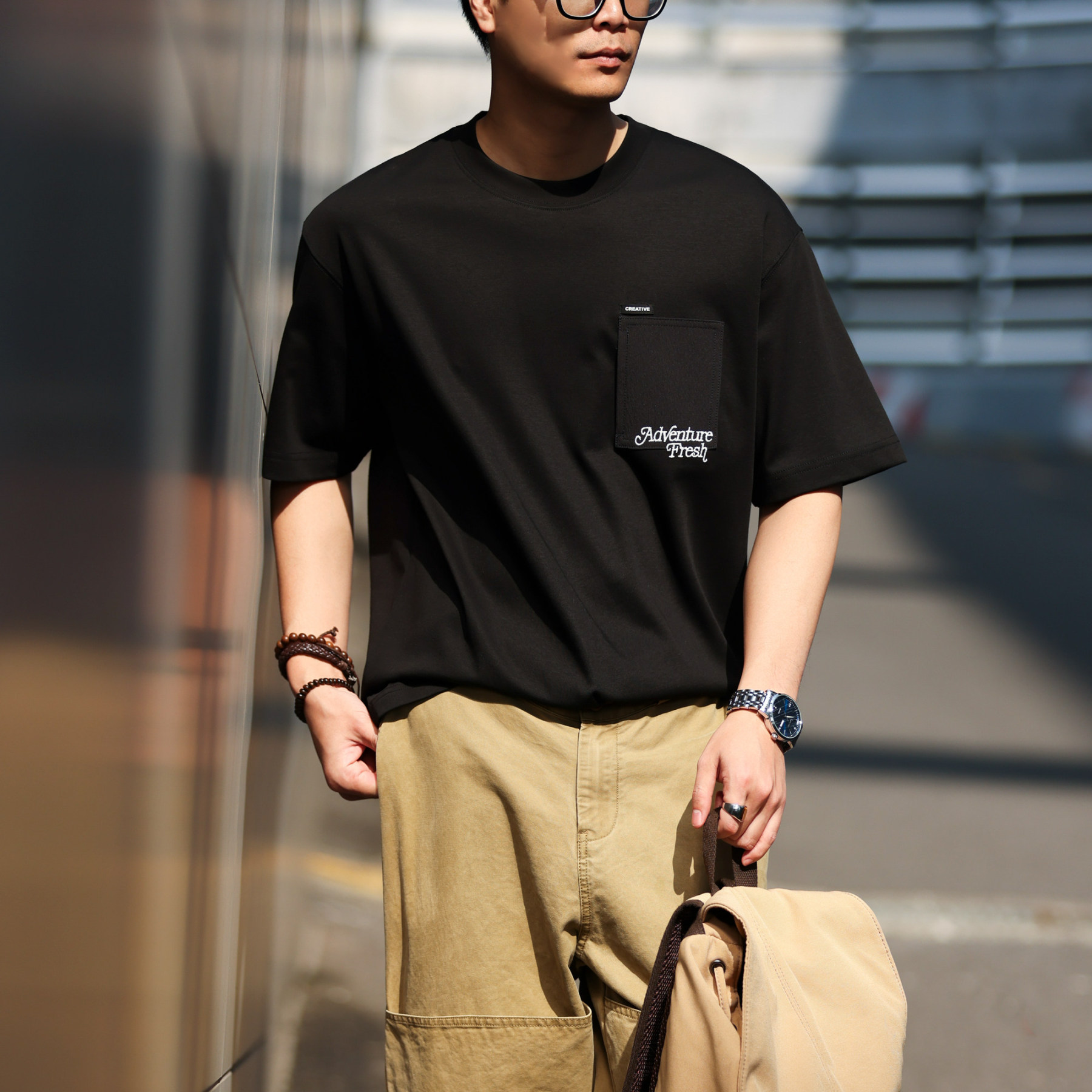 美式休閒立體口袋刺繡短袖T恤男戶外風工裝圓領打底TEE