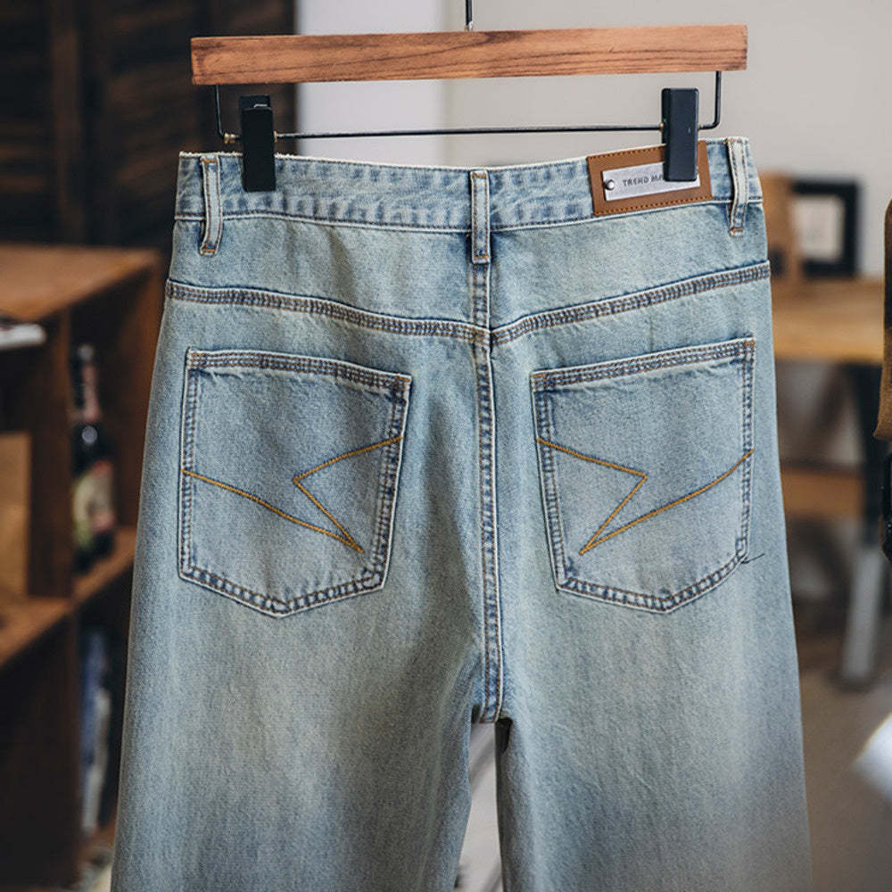 萊賽爾美式直筒牛仔褲男春夏2025新款復古水洗淺藍色男士寬鬆褲子