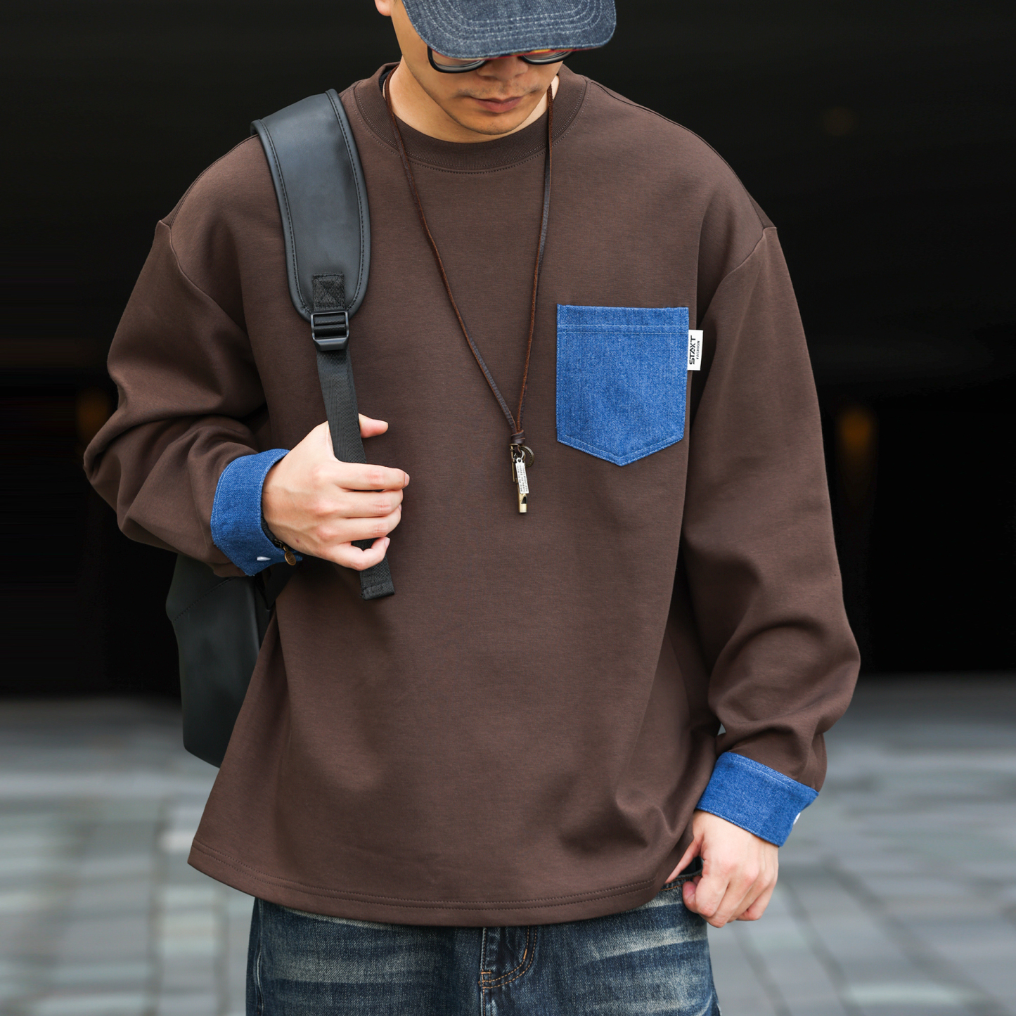 牛仔拼接袖口重磅衛衣男美式復古300g空氣層抗菌上衣秋