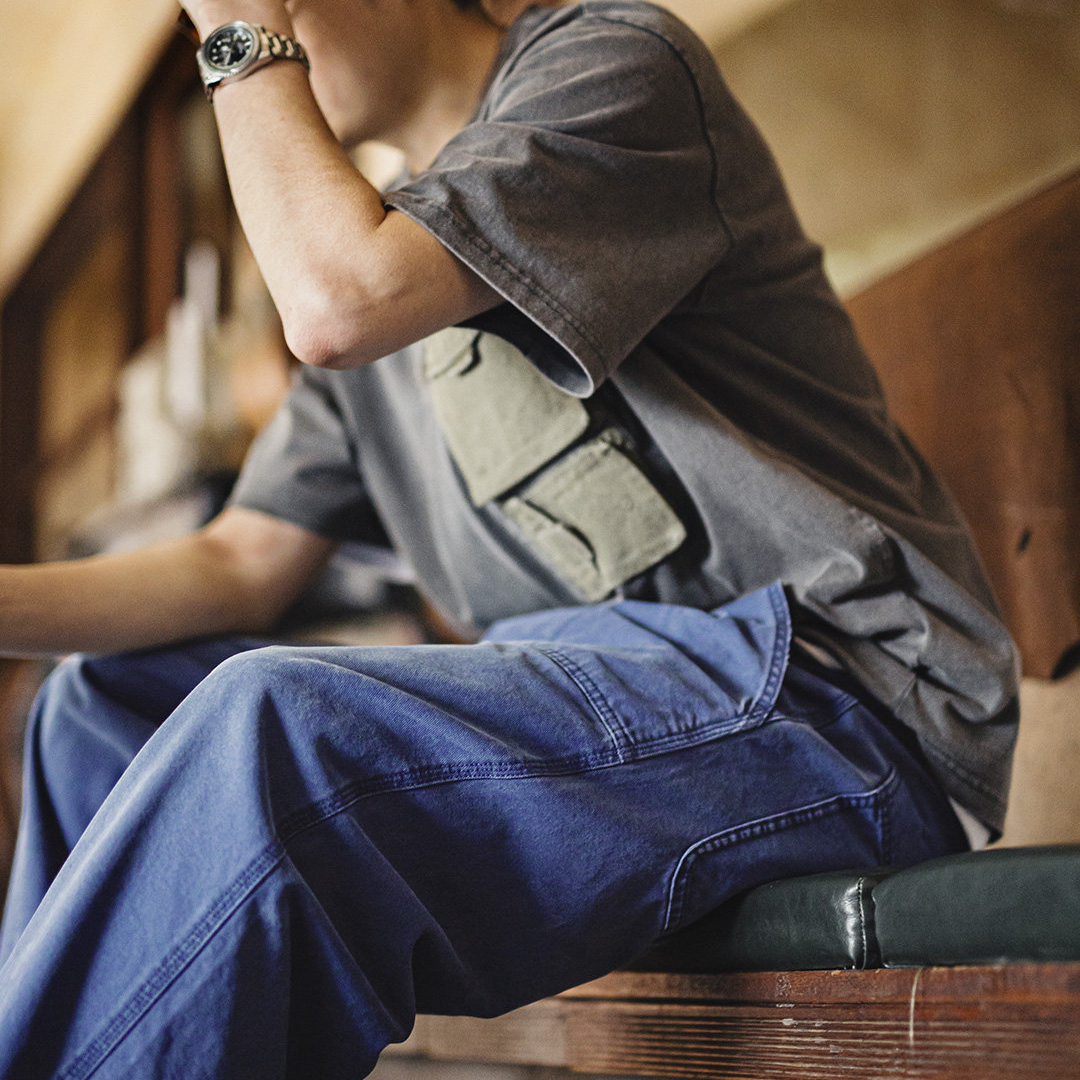 法式復古工裝褲藍色vintage水洗帆布寬鬆直筒休閒褲男春