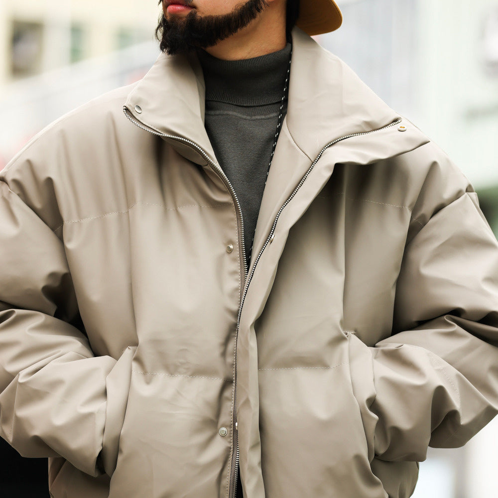 美式休閒cleanfit短款立領PU皮棉服外套男寬鬆復古高級感棉衣-Retro's Wear