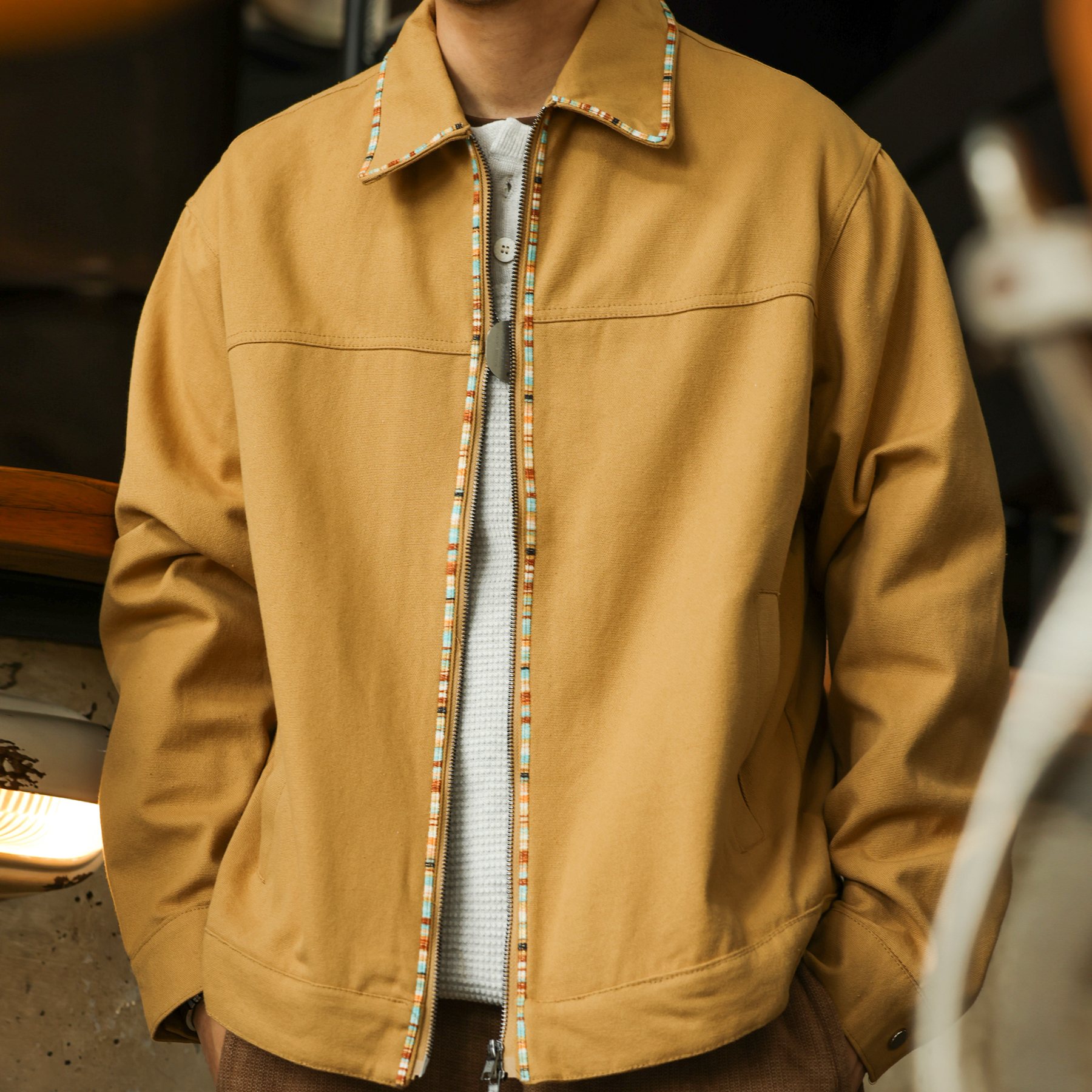 美式復古高級感帆布夾克男vintage織條設計翻領工裝外套