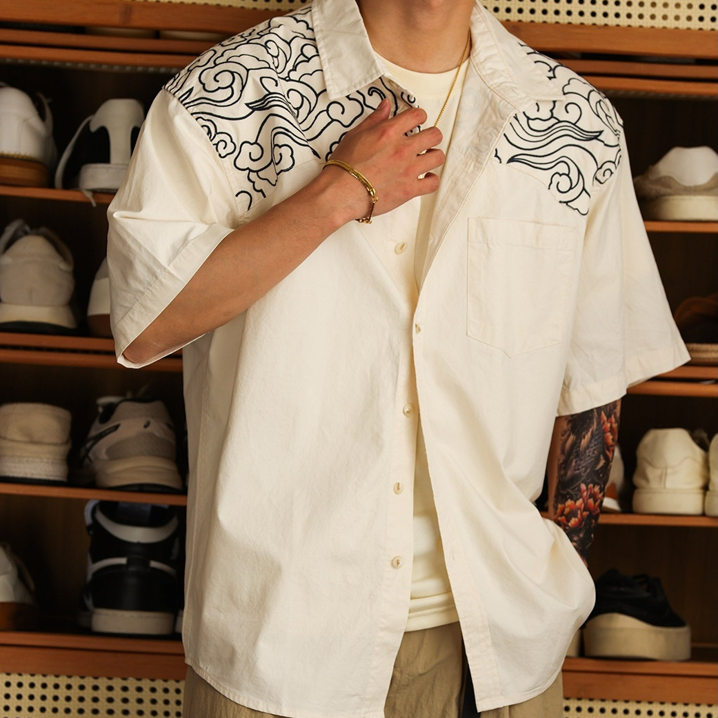 美式輕復古雲紋刺繡短袖襯衫男32支純棉休閒親膚襯衣夏