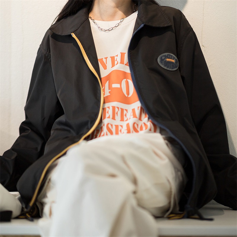 马登女装 美式复古教练夹克外套撞色拉链棒球服翻领上衣-Retro's Wear