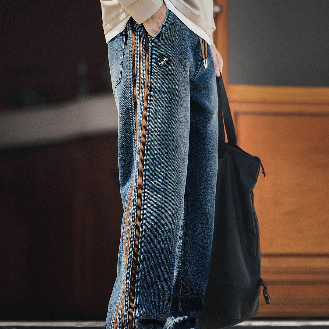 美式復古三條杠燈芯絨拼接牛仔褲男秋冬款休閒寬鬆直筒長褲