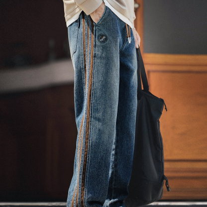 美式復古三條杠燈芯絨拼接牛仔褲男秋冬款休閒寬鬆直筒長褲