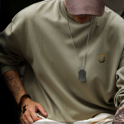 美式復古300g重磅長袖T恤男小領口釣魚印花灰綠色打底衫