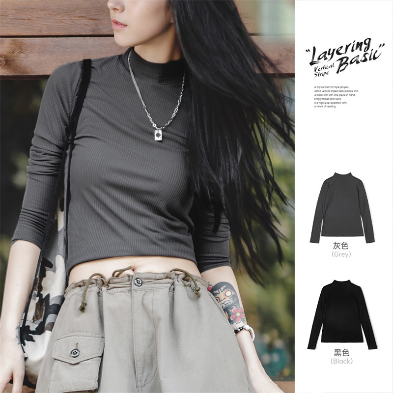 美式休閒半高領純色打底衫內搭女修身長袖薄款秋冬打底衣-Retro's Wear