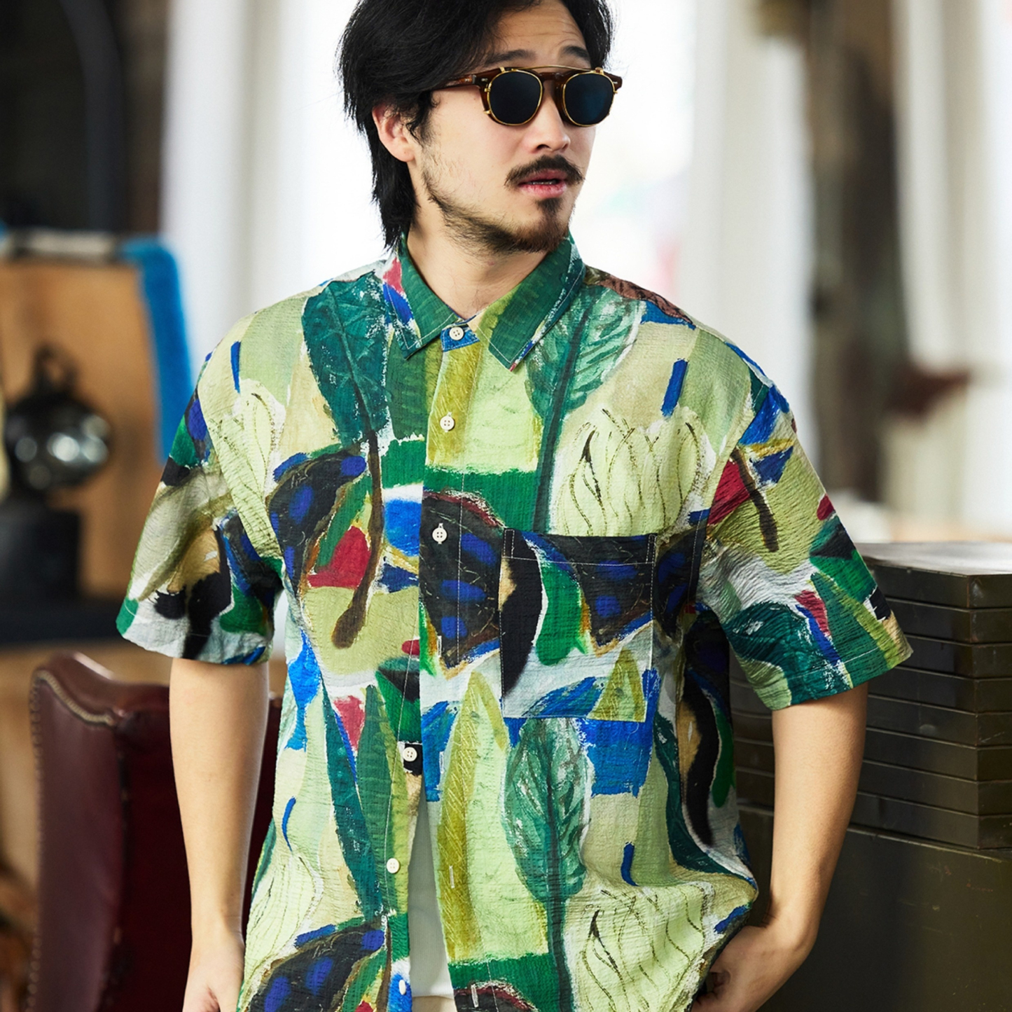 美式休閒110g夏威夷塗鴉花襯衫男夏日沙灘度假短袖襯衣