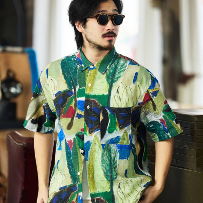 美式休閒110g夏威夷塗鴉花襯衫男夏日沙灘度假短袖襯衣