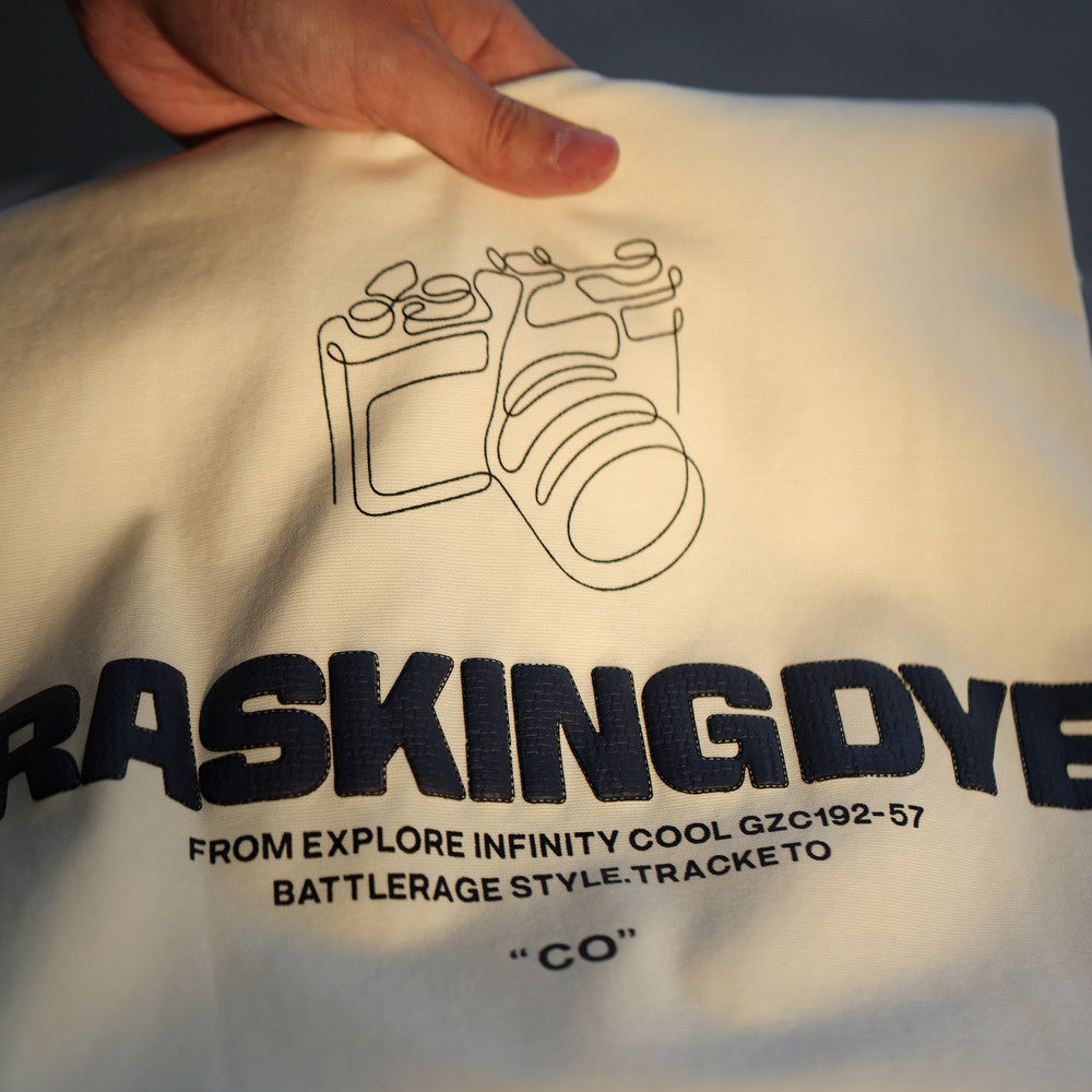 美式休閒210g發泡織圈短袖T恤男寬鬆杏色雙面棉印花TEE