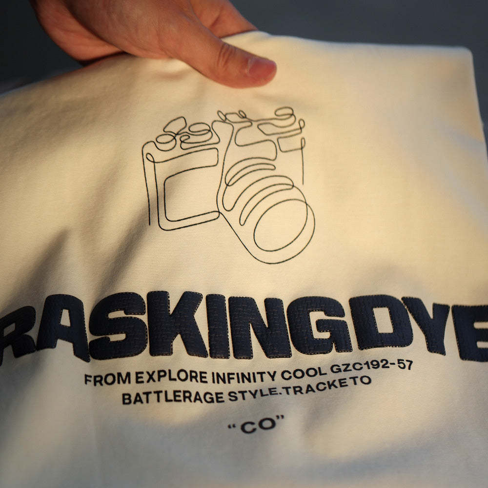 美式休閒210g發泡織圈短袖T恤男寬鬆杏色雙面棉印花TEE