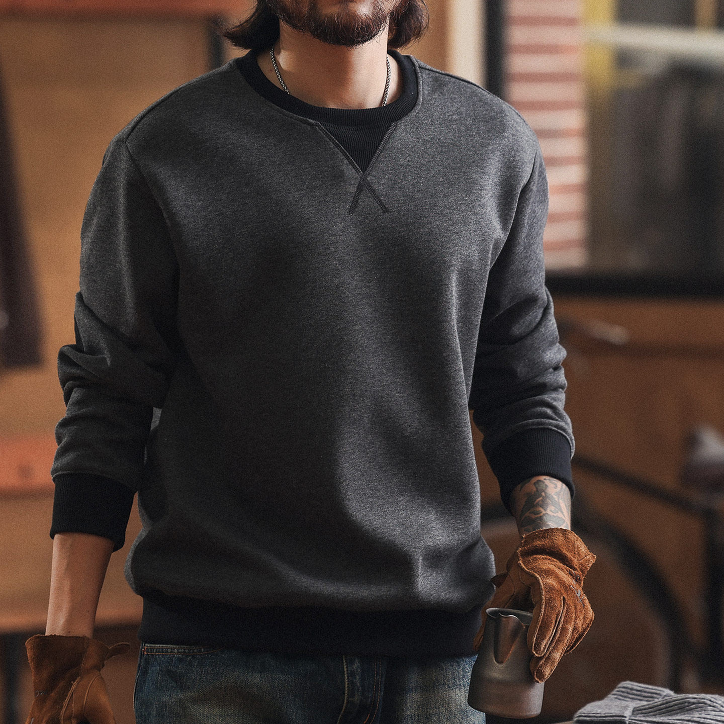 美式復古復古撞色圓領衛衣男2025秋冬加絨寬鬆休閒打底上衣