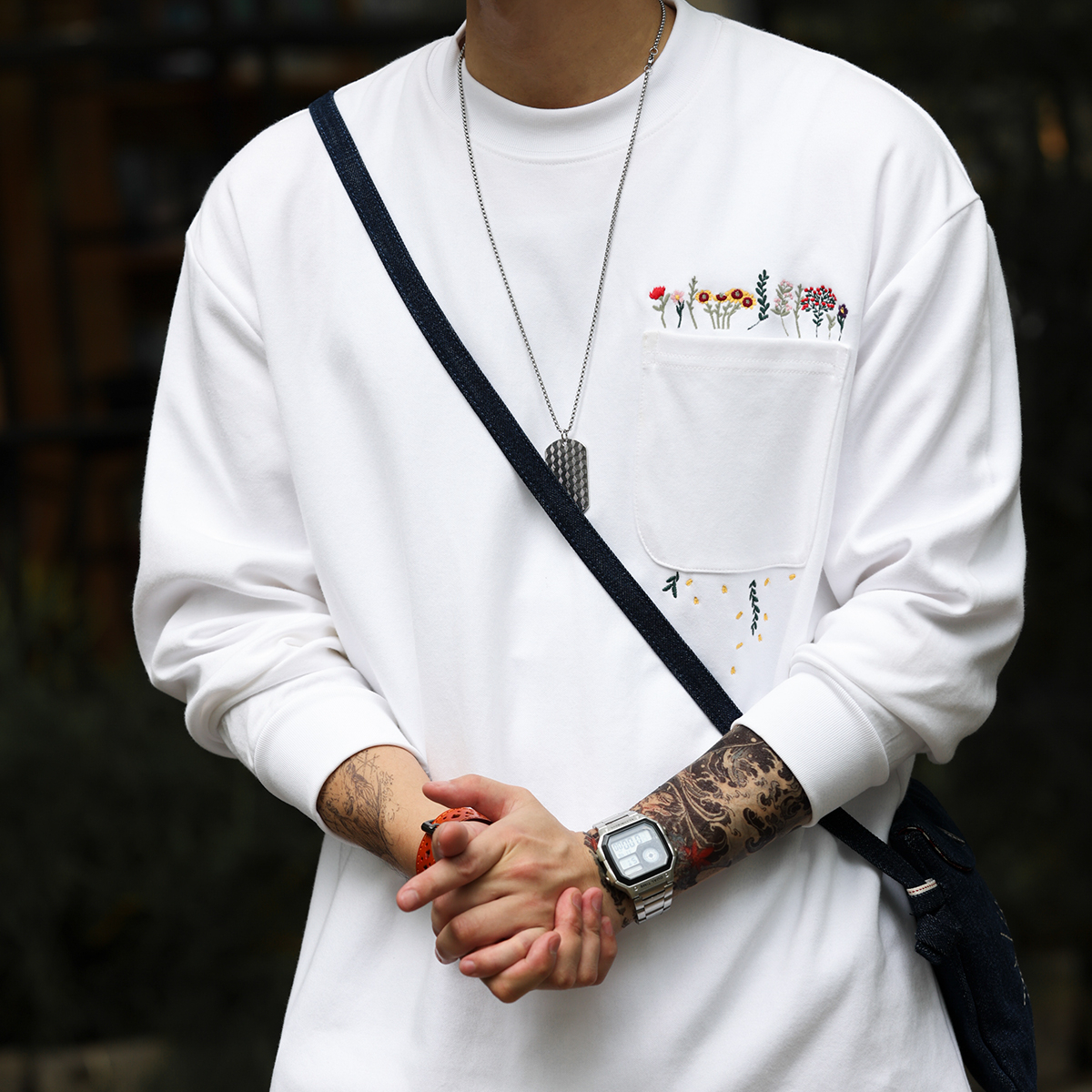 美式休閒手工刺繡長袖T恤男寬鬆口袋設計300g小領口衛衣