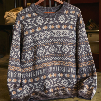 費爾島復古慵懶感圓領毛衣男2025冬季新款加厚保暖提花針織衫上衣