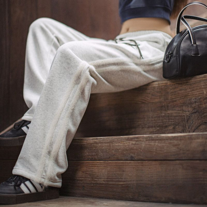 美式雙杠條紋衛褲寬鬆加絨厚休閒褲垂感外穿抽繩運動褲秋冬女-Retro's Wear