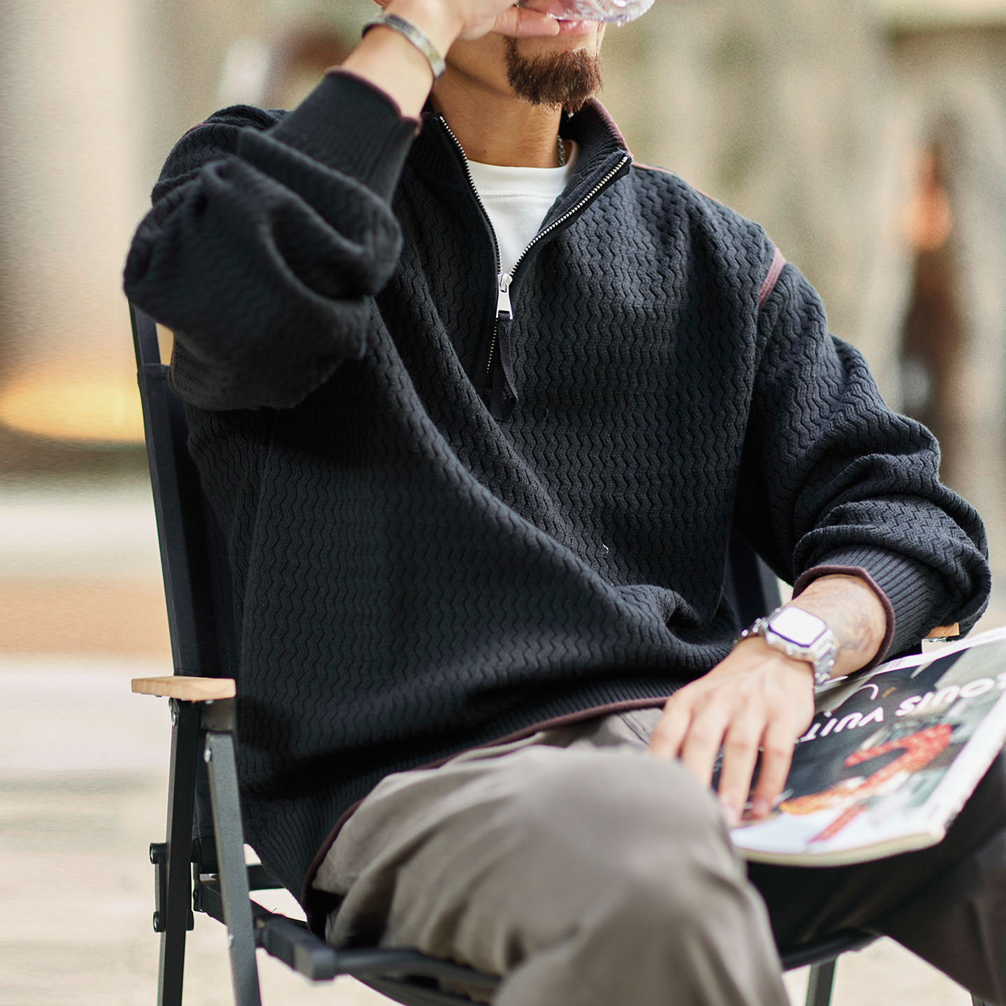 波浪肌理感立領半拉鍊毛衣男2025秋冬新款寬鬆休閒拼色針織衫上衣