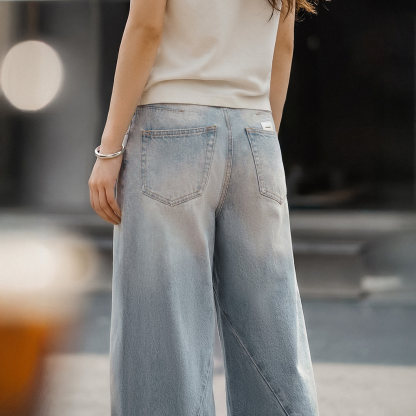 美式復古窄版彎鐮刀水洗做舊牛仔褲直筒闊腿顯瘦長褲子女士春