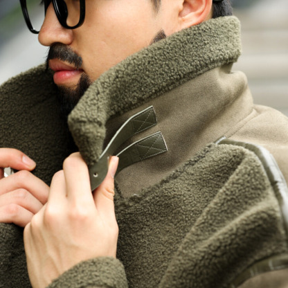 美式皮毛一體羊羔絨毛領外套男加厚保暖麂皮絨拼接夾克