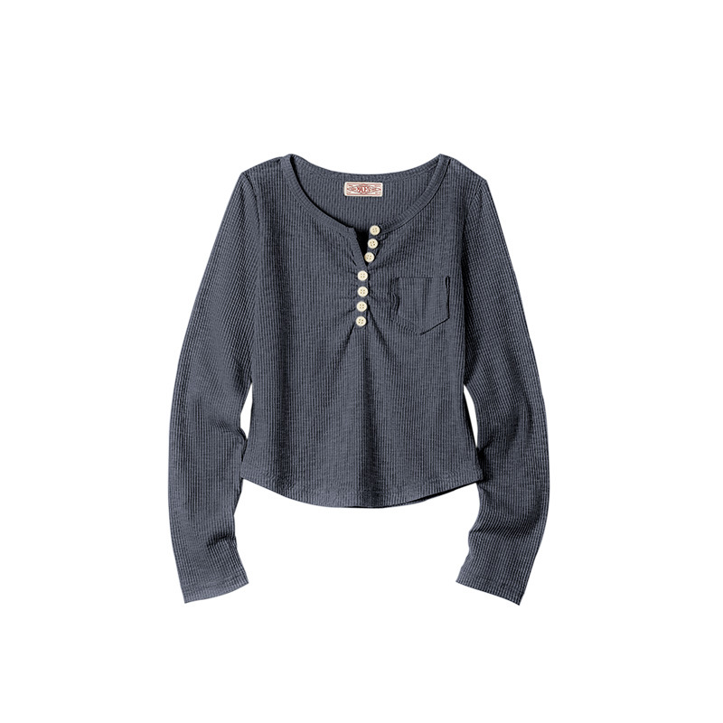 美式復古針織長袖T恤圓弧下擺修身顯瘦短款打底亨利衫-Retro's Wear