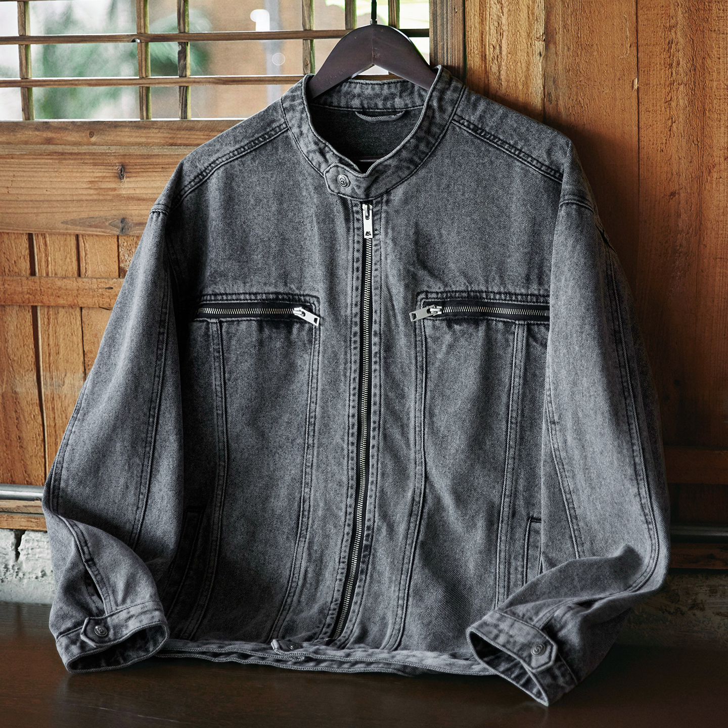 美式復古機車立領水洗牛仔夾克男2025秋季新款寬鬆拉鍊工裝外套