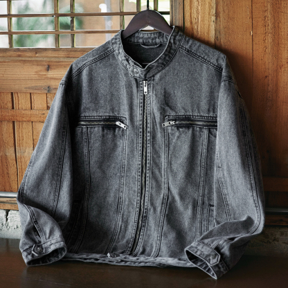 美式復古機車立領水洗牛仔夾克男2025秋季新款寬鬆拉鍊工裝外套