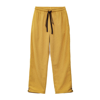 美式方格黃色玉米絨休閒褲直筒抽繩束脚寬鬆長褲子男款春