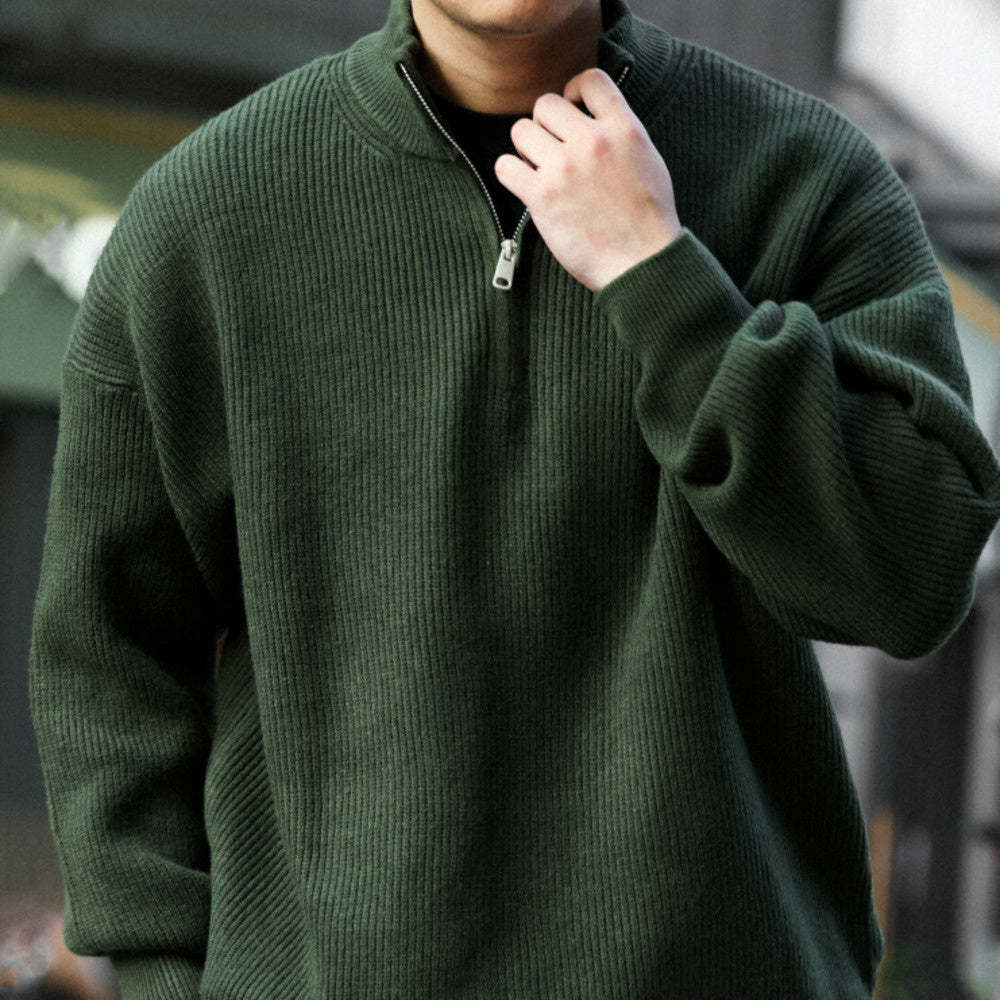 美式休閒半拉鍊立領保暖毛衣男700g復古慵懶風針織衫冬-Retro's Wear