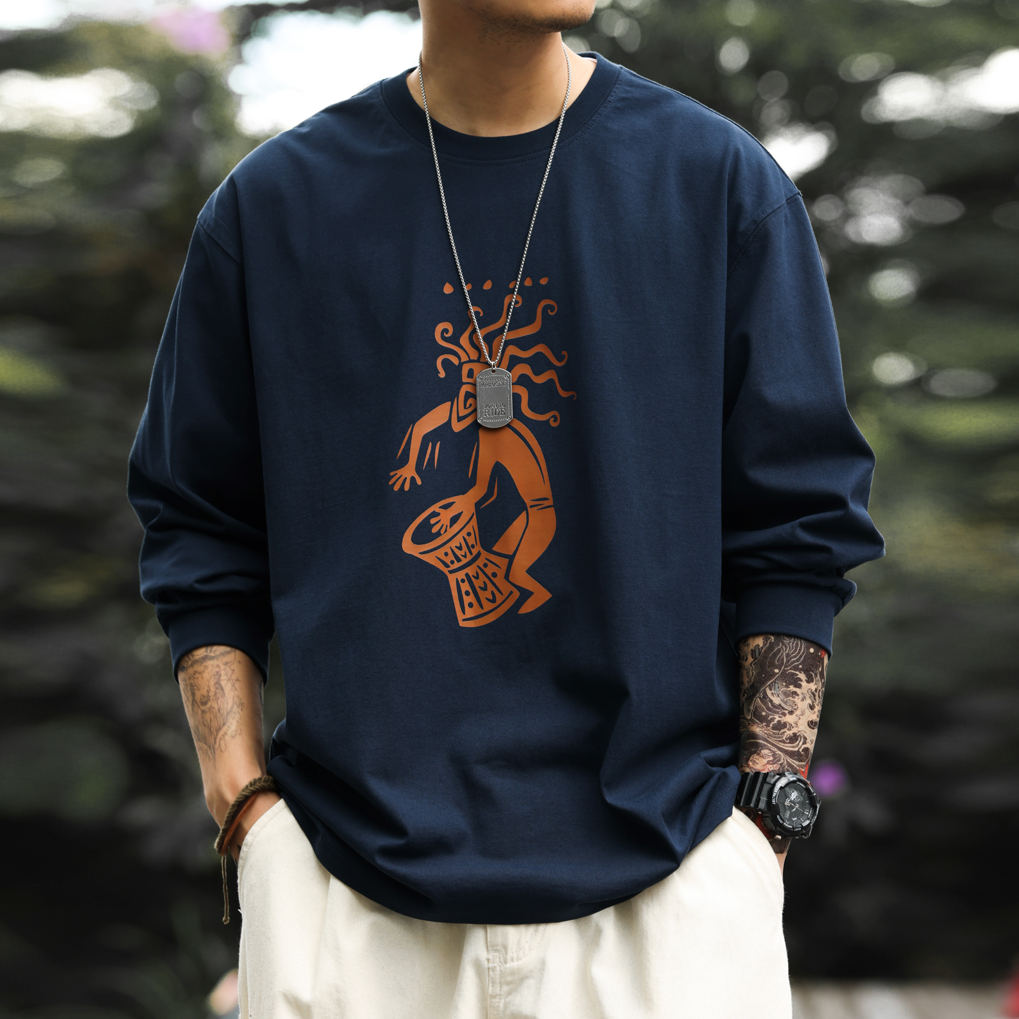 美式復古部落圖騰印花長袖T恤男260g純棉微落肩打底衫秋