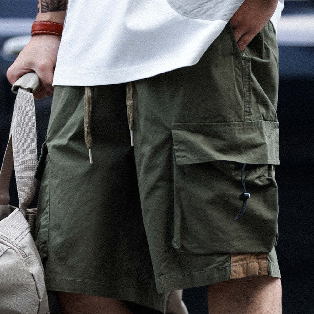 美式復古山地工裝短褲男寬鬆運動薄款純棉抽繩休閒五分褲-Retro's Wear